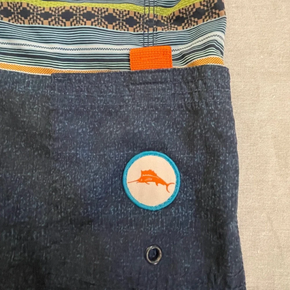 Tommy Bahama Kids Boy Swim Trunks Size XL Blue Orange Tribal Print Elastic Waist
